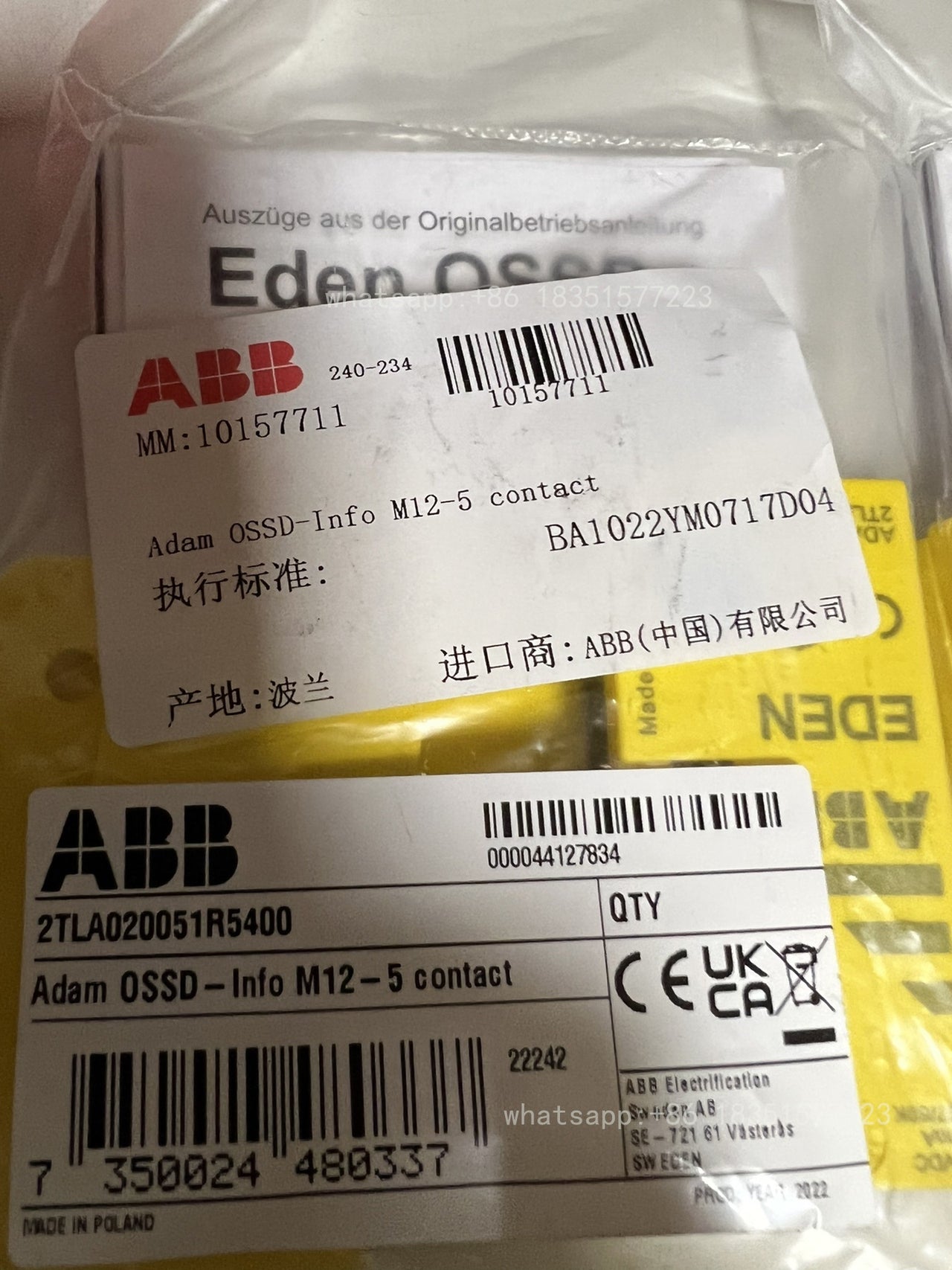 2TLA020051R5400 Safety Jokab Eden Adam OSSD - Info M12-5 Contact NIB